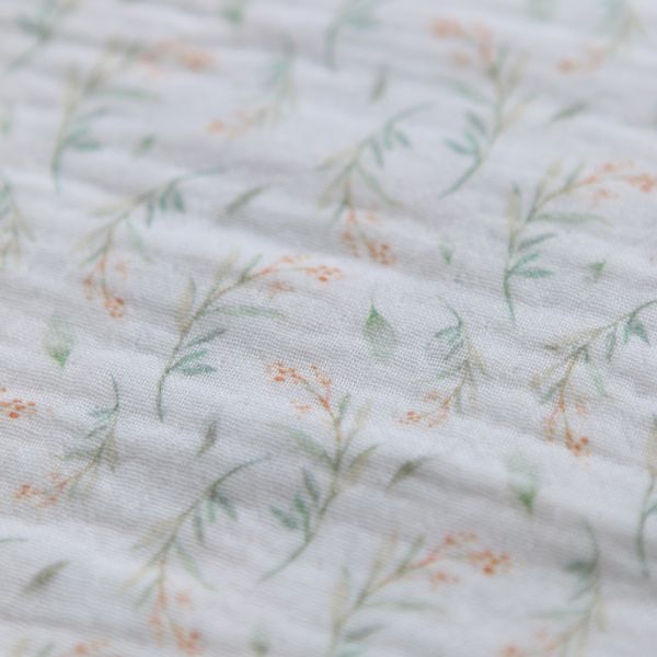 Clairière - Double gaze de coton fond blanc imprimé feuillage doux 2