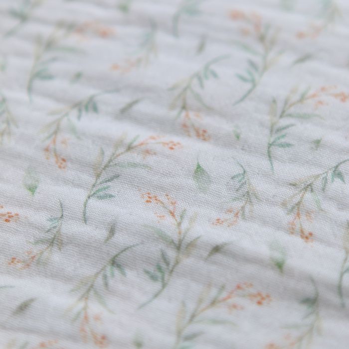 Clairière - Double gaze de coton fond blanc imprimé feuillage doux