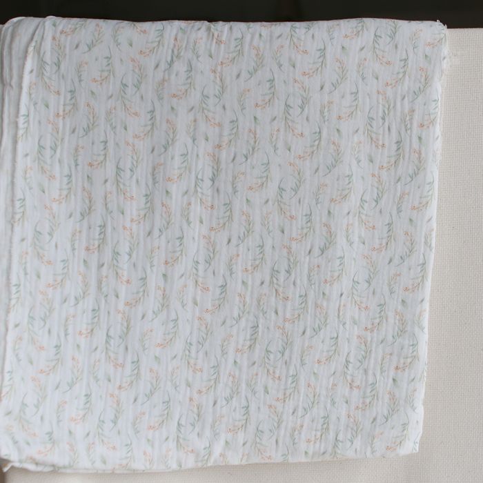 Clairière - Double gaze de coton fond blanc imprimé feuillage doux
