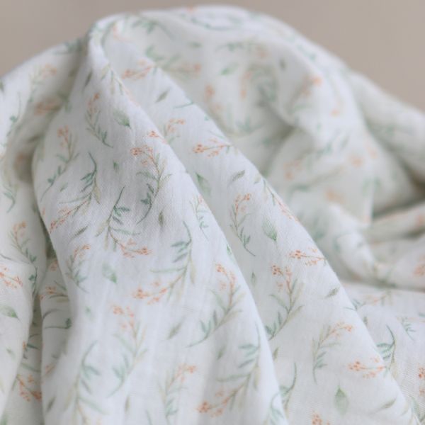 Clairière - Double gaze de coton fond blanc imprimé feuillage doux