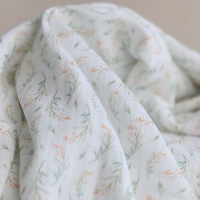 Clairière - Double gaze de coton fond blanc imprimé feuillage doux