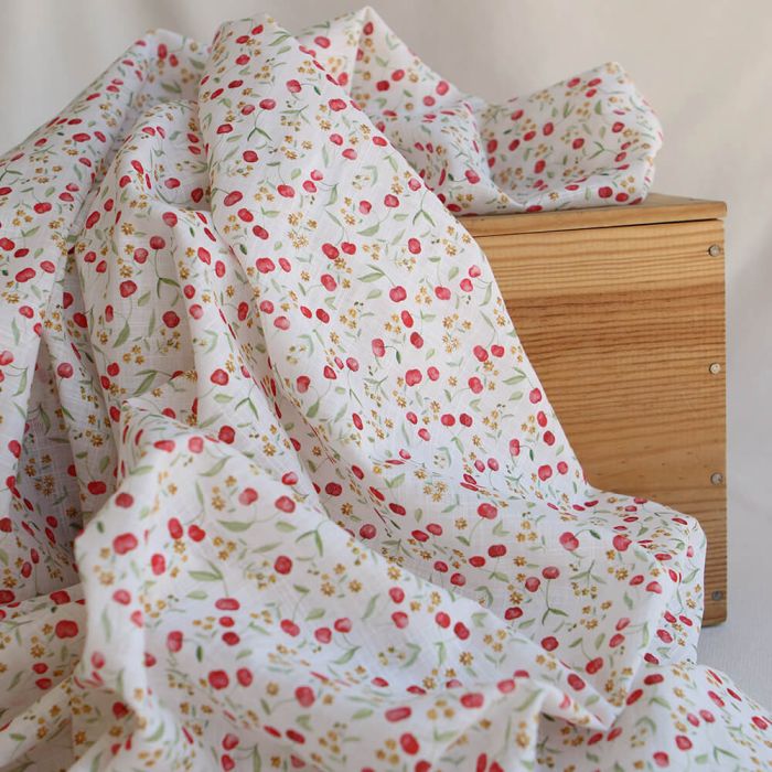 Cerisa - Popeline de coton BIO flamée / rustique motif cerise