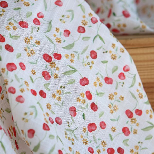 Cerisa - Popeline de coton BIO flamée / rustique motif cerise