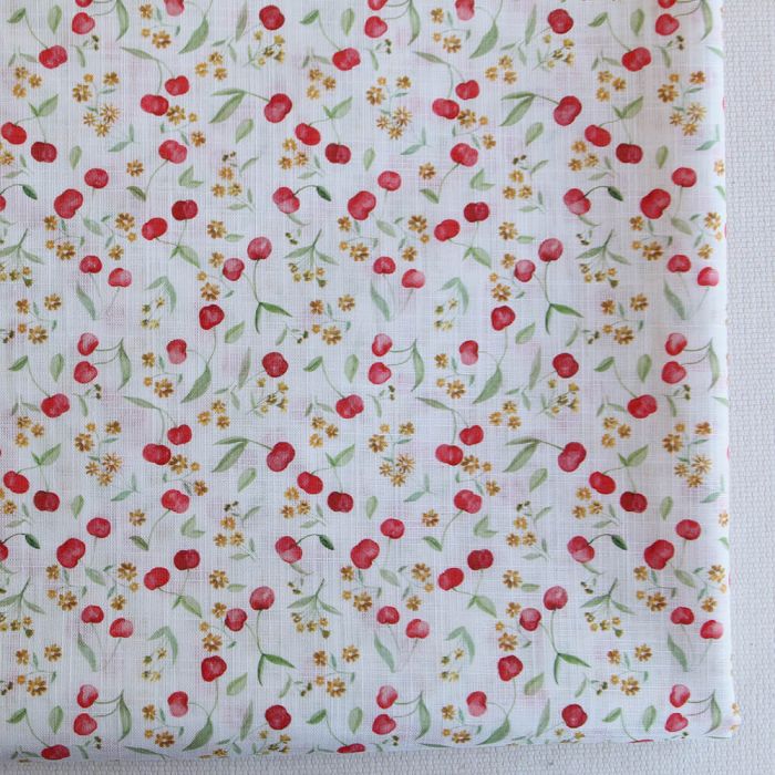 Cerisa - Popeline de coton BIO flamée / rustique motif cerise