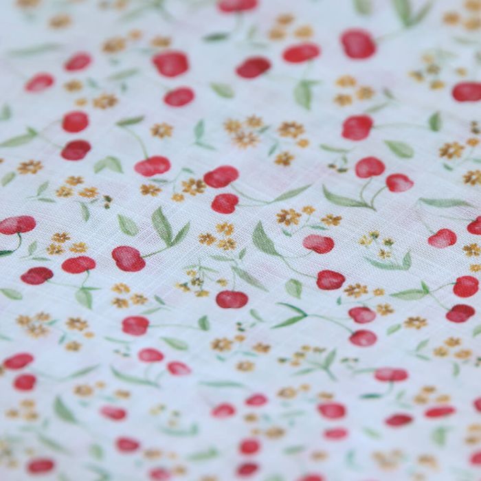 Cerisa - Popeline de coton BIO flamée / rustique motif cerise