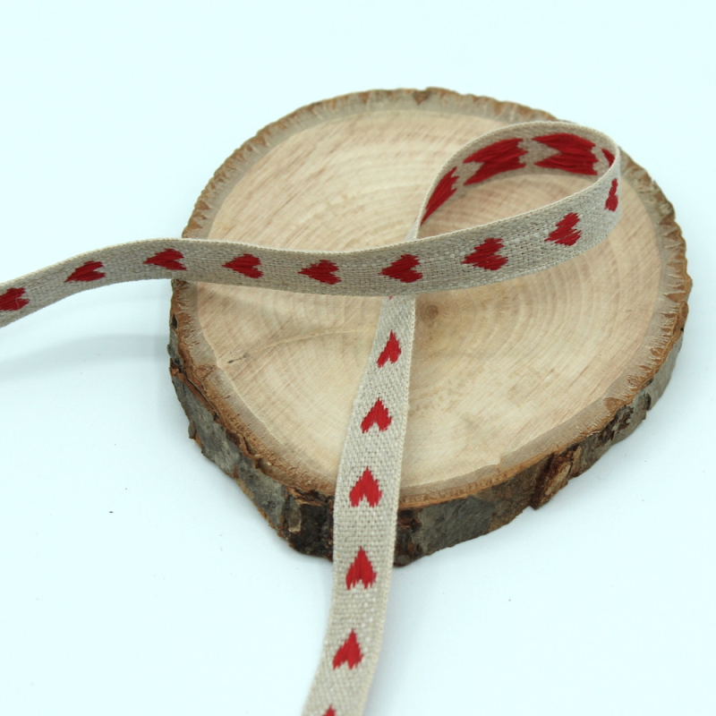 Ruban lin coeurs rouges 11mm x1m Ruban lin coeurs rouges 11mm x1m