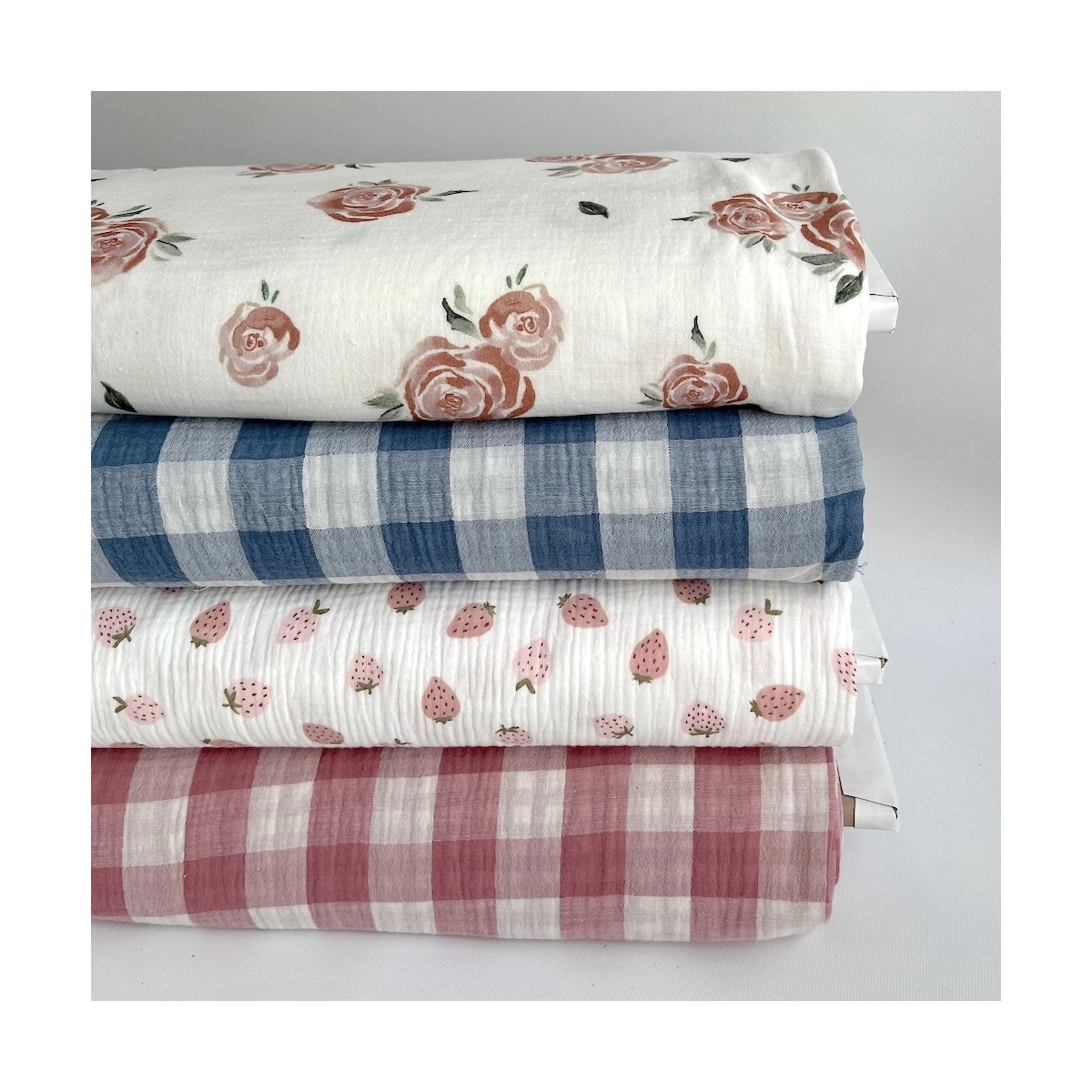 Double gaze de coton vichy réversible framboise / blanc Qualité Oeko-tex - 7