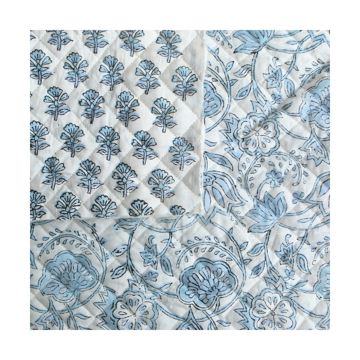 Amayra - Tissu indien matelassé double face coton hand block teal largeur 100cm
