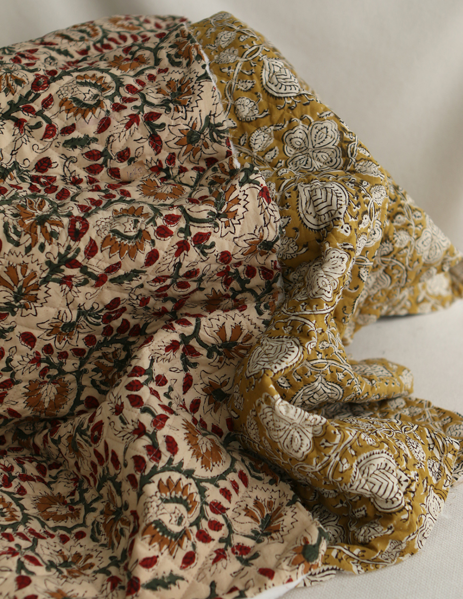 Nisha & Sita - Tissu indien matelassé double face coton hand block teal largeur 100cm