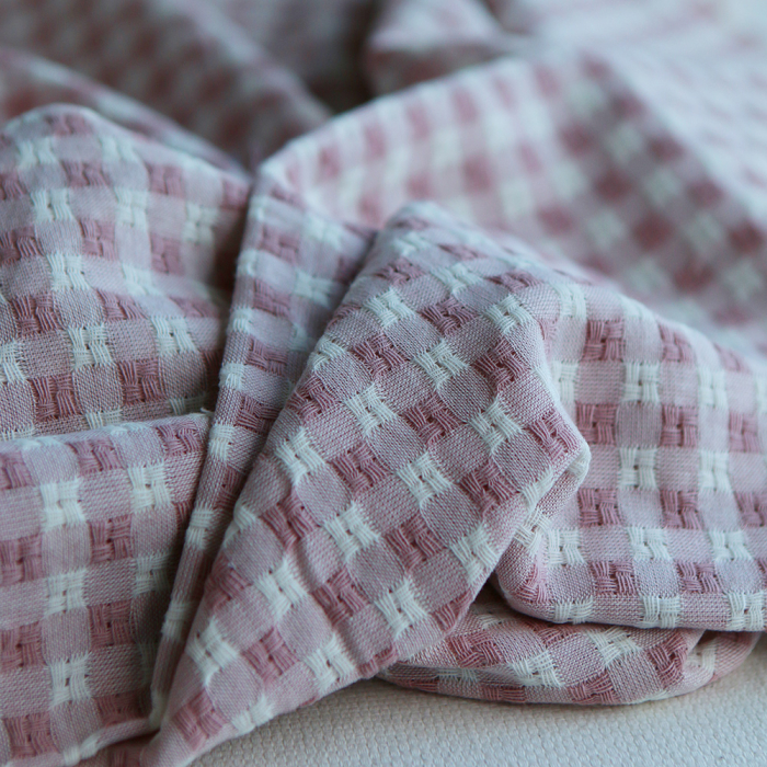 Dick - Seersucker / Coton gaufré texturé vichy 7mm écru et vieux rose