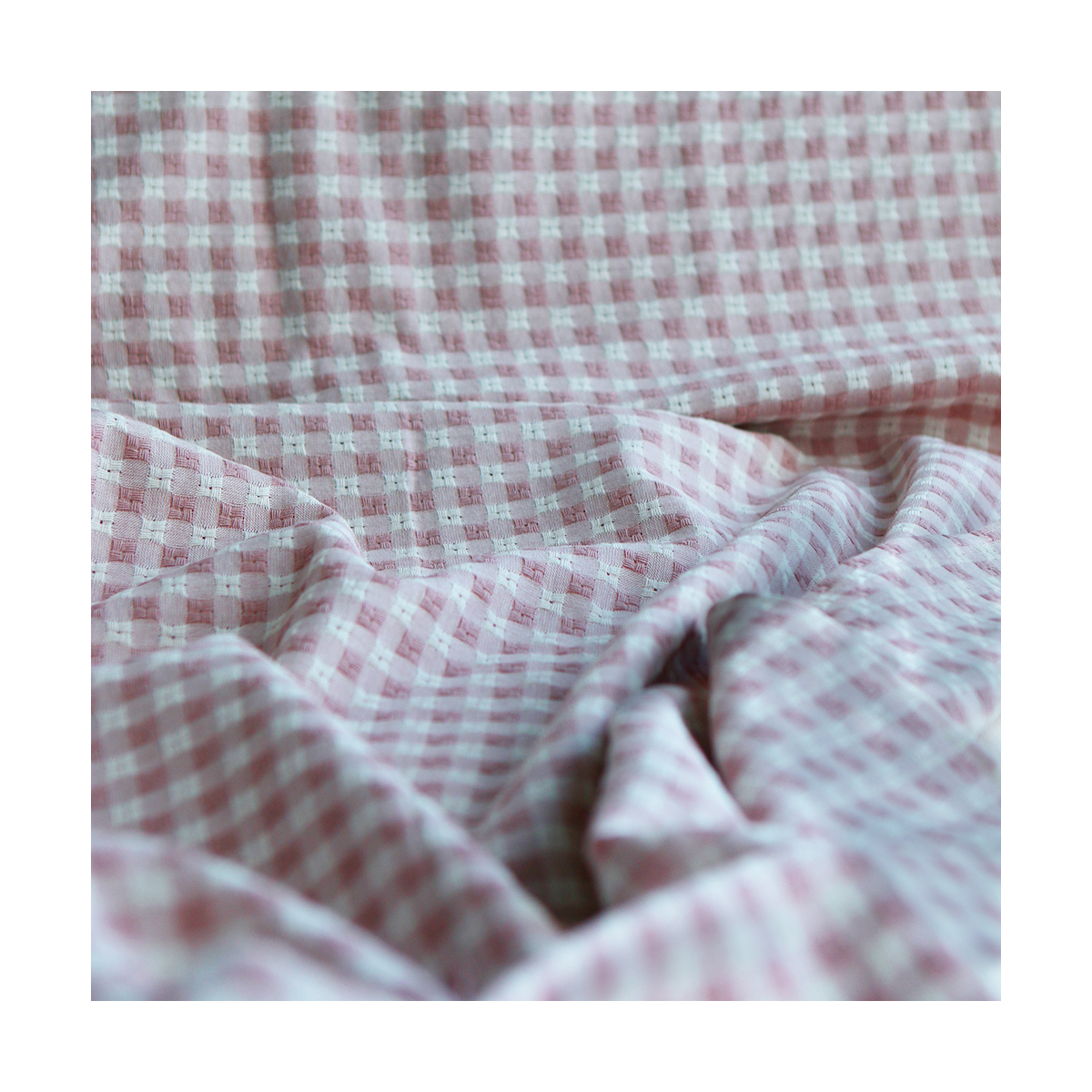 Dick - Seersucker / Coton gaufré texturé vichy 7mm écru et vieux rose