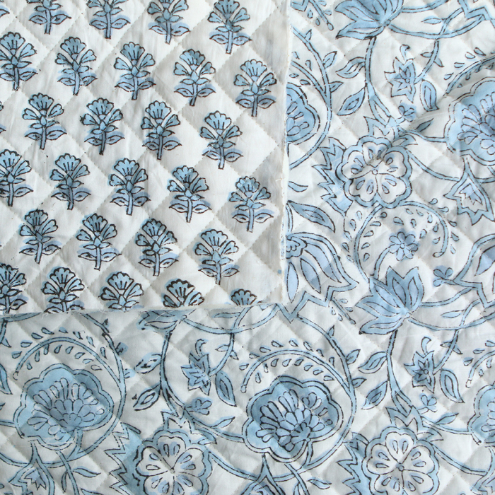 Amayra - Tissu indien matelassé double face coton hand block teal largeur 100cm