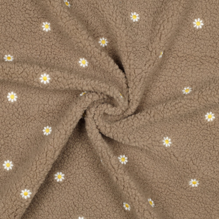 Teddy / moumoute bouclé fond taupe broderies pâquerettes