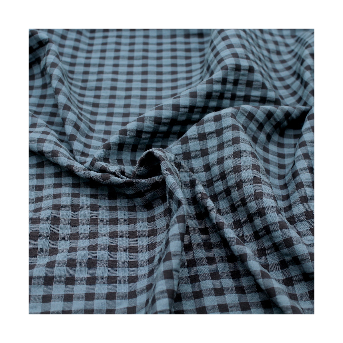 Seersucker / Coton gaufré vichy bleu jean noir