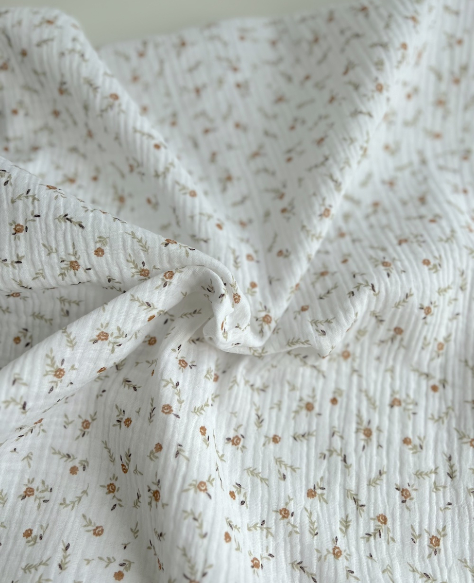 Double gaze de coton Janet blanc motifs fleuris naturel Batikou - 4