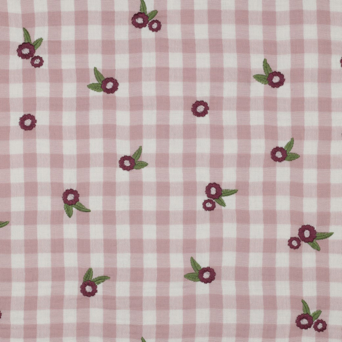 Elvina - Double gaze de coton brodée vichy mauve broderie fleur