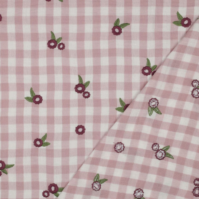Elvina - Double gaze de coton brodée vichy mauve broderie fleur