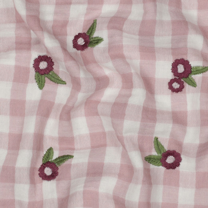 Elvina - Double gaze de coton brodée vichy mauve broderie fleur