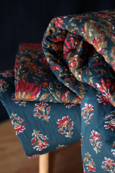 Tissu indien coton hand block traditionnel bleu marine Batikou - 8