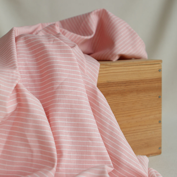 Baptiste - Tissu lin coton rayures 1mm blanc lait et rose blush