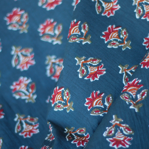 Tissu indien coton hand block traditionnel bleu marine Batikou - 1 2