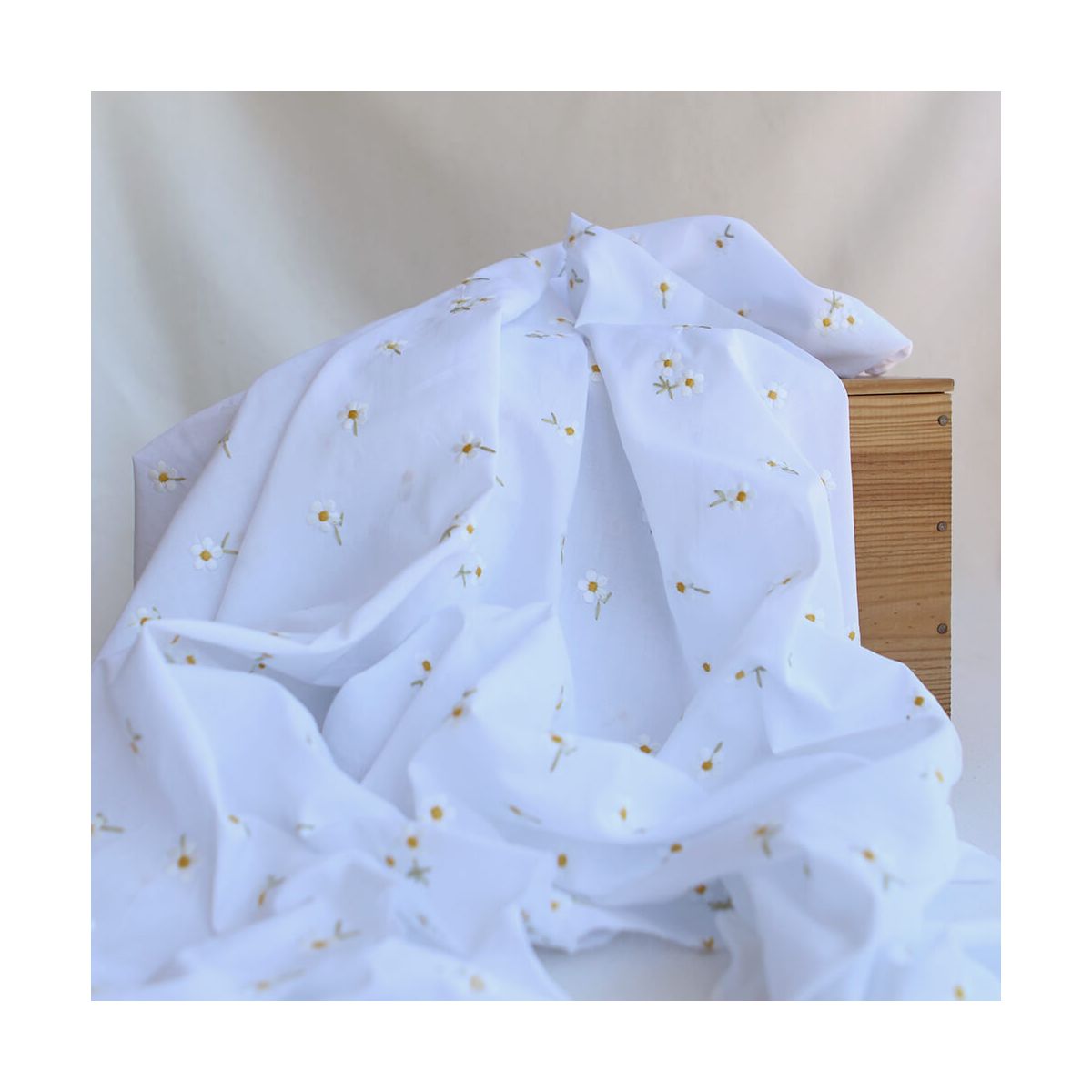 Alienor - Voile de coton blanc broderies petites fleurs blanches