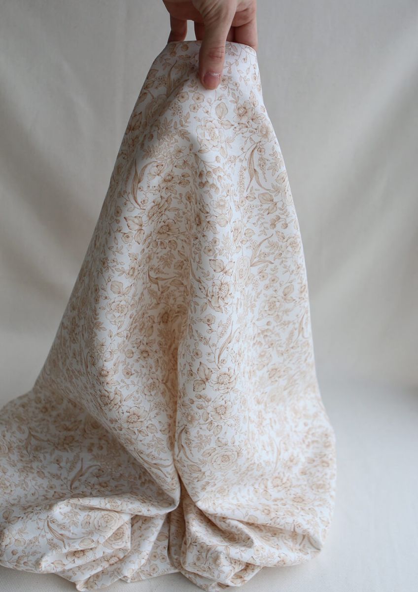Apolline - Tissu lin coton roses effet toile de Jouy blanc lait et cappuccino
