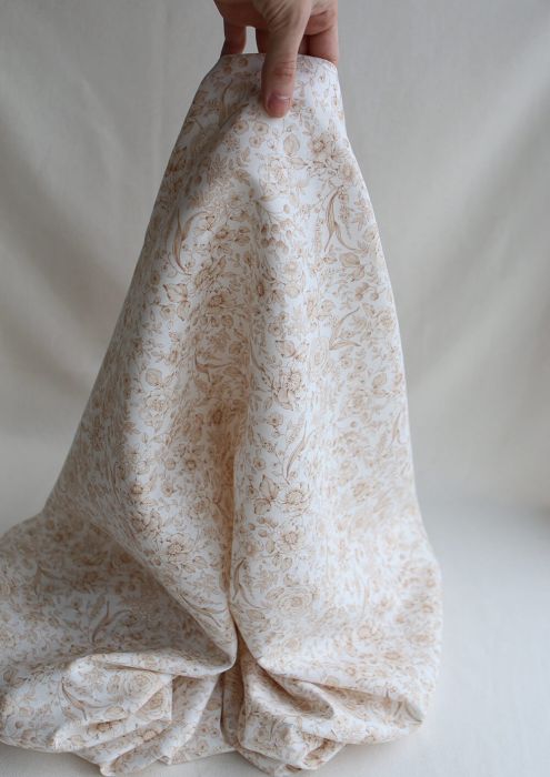 Apolline - Tissu lin coton roses effet toile de Jouy blanc lait et cappuccino