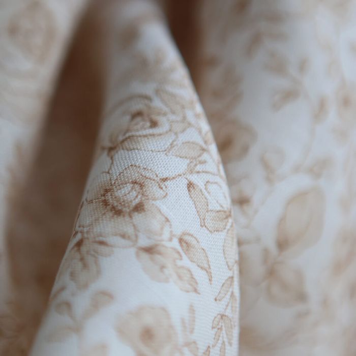 Apolline - Tissu lin coton roses effet toile de Jouy blanc lait et cappuccino