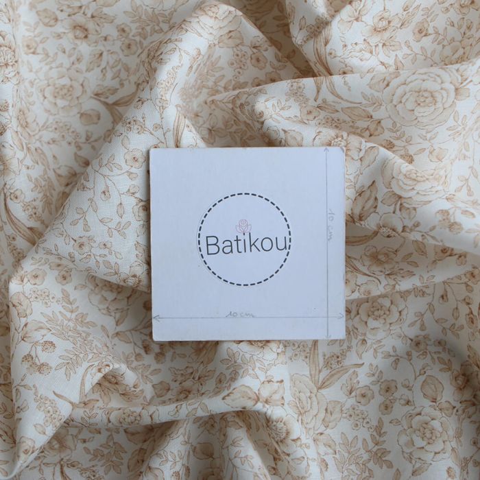 Apolline - Tissu lin coton roses effet toile de Jouy blanc lait et cappuccino