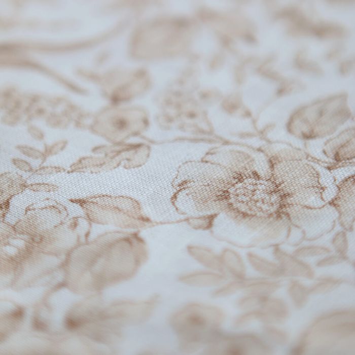 Apolline - Tissu lin coton roses effet toile de Jouy blanc lait et cappuccino