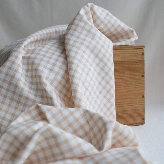 Victor - Tissu lin coton vichy 7mm blanc lait et cappuccino