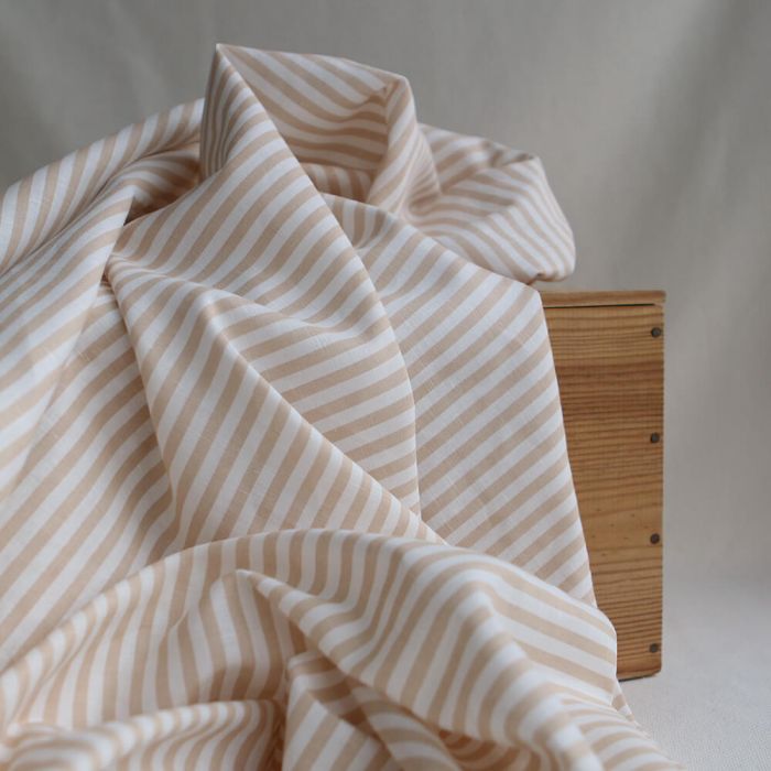 Lucas - Tissu lin coton rayures 6mm blanc lait et cappuccino