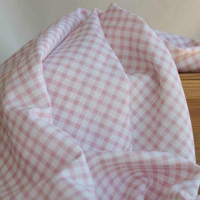 Victor - Tissu lin coton vichy 7mm blanc lait et vieux rose