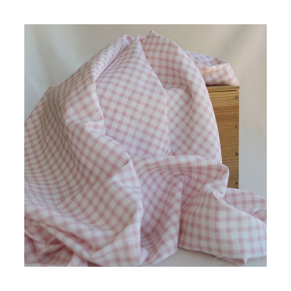 Victor - Tissu lin coton vichy 7mm blanc lait et vieux rose