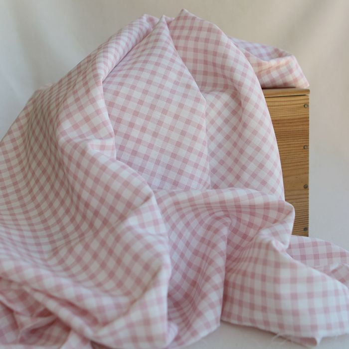 Victor - Tissu lin coton vichy 7mm blanc lait et vieux rose