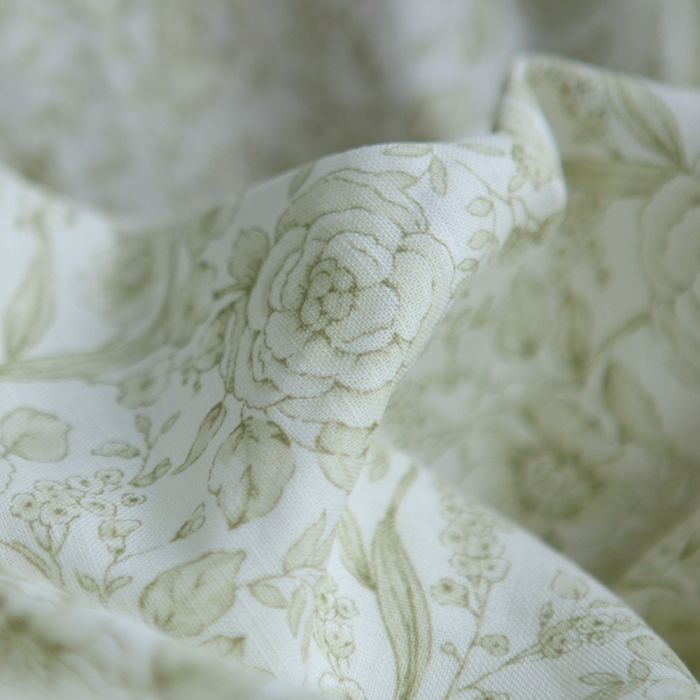 Apolline - Tissu lin coton roses effet toile de Jouy blanc lait et vert amande