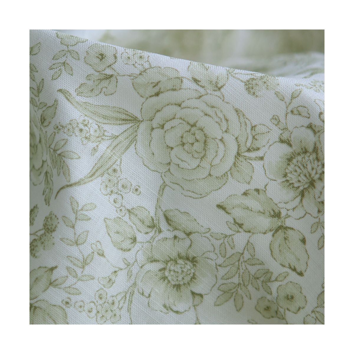 Apolline - Tissu lin coton roses effet toile de Jouy blanc lait et vert amande