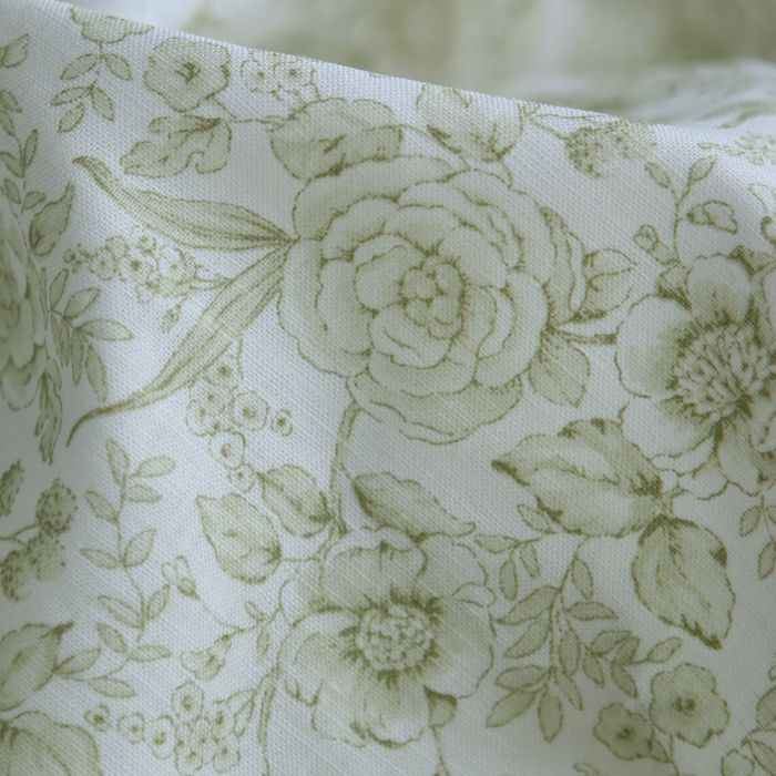 Apolline - Tissu lin coton roses effet toile de Jouy blanc lait et vert amande