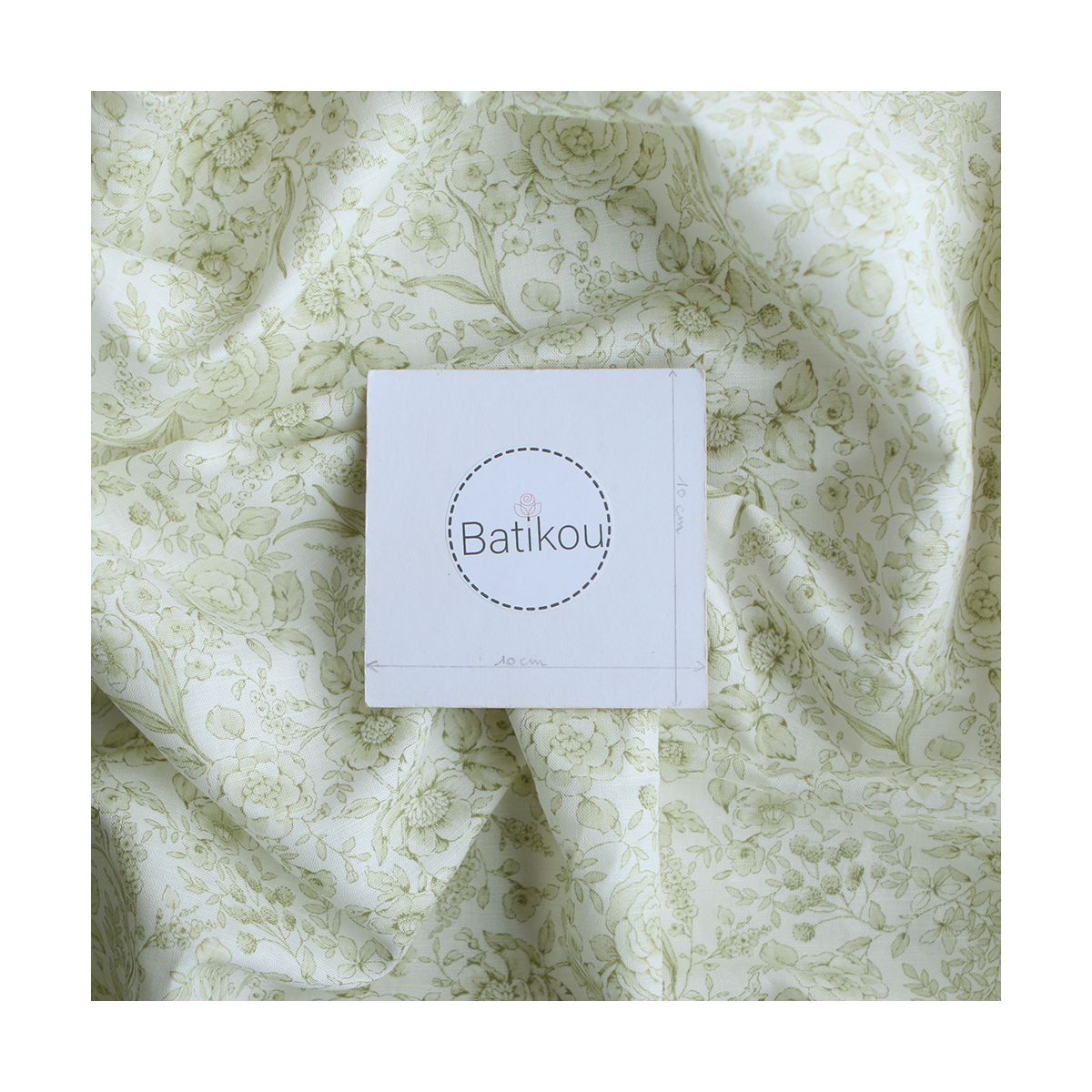 Apolline - Tissu lin coton roses effet toile de Jouy blanc lait et vert amande