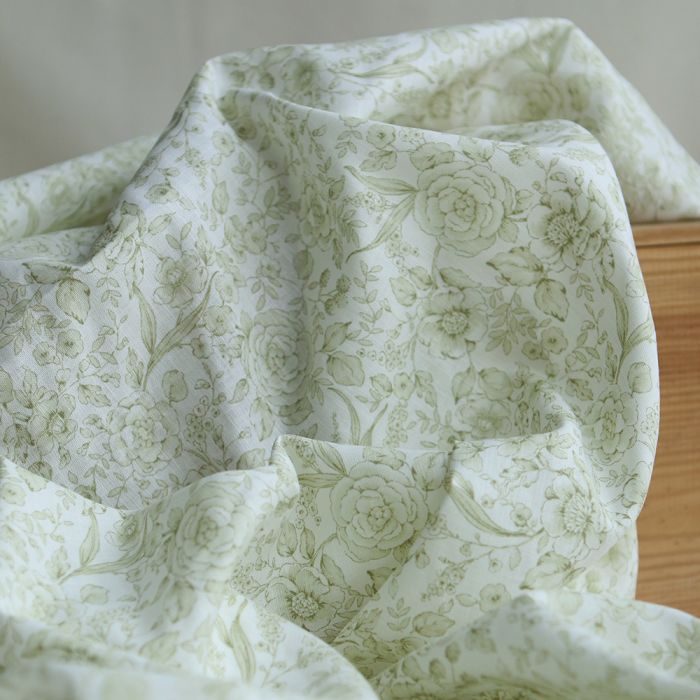 Apolline - Tissu lin coton roses effet toile de Jouy blanc lait et vert amande