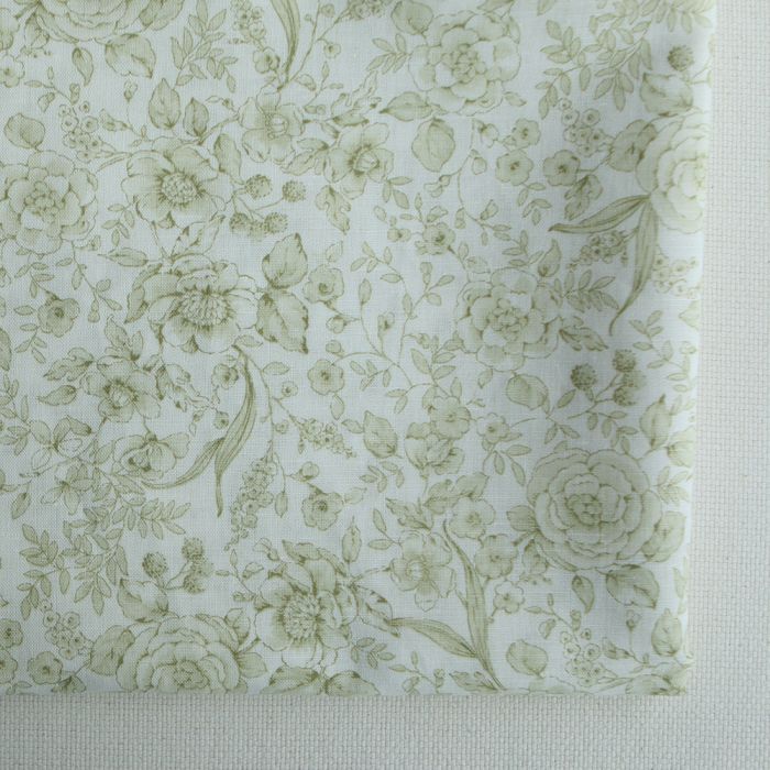 Apolline - Tissu lin coton roses effet toile de Jouy blanc lait et vert amande