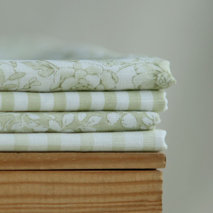 Lucas - Tissu lin coton rayures 6mm blanc lait et vert amande