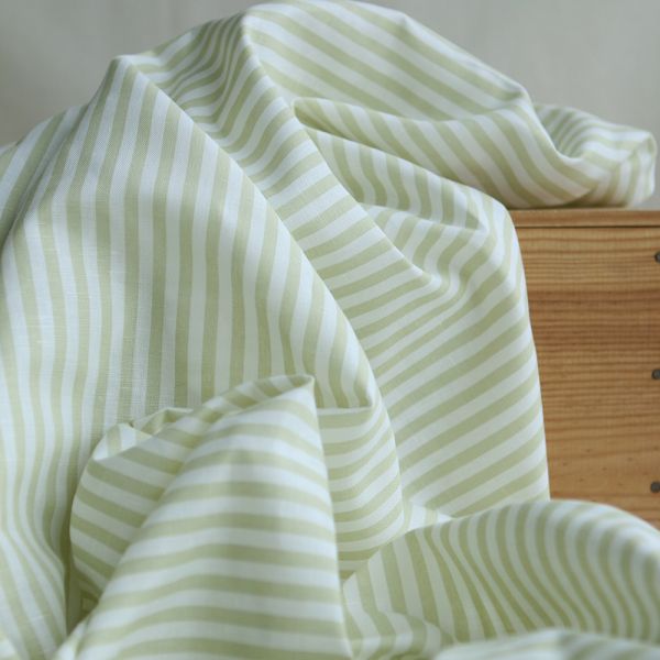 Lucas - Tissu lin coton rayures 6mm blanc lait et vert amande