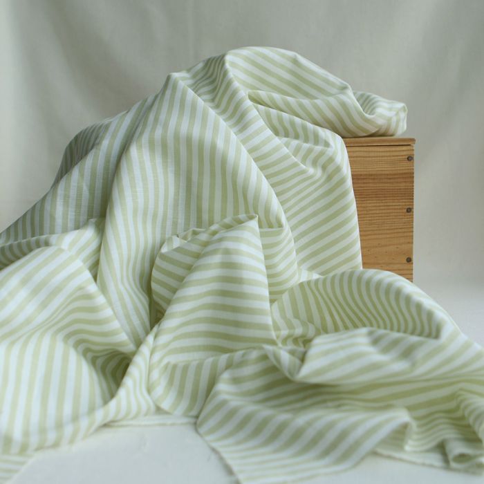 Lucas - Tissu lin coton rayures 6mm blanc lait et vert amande