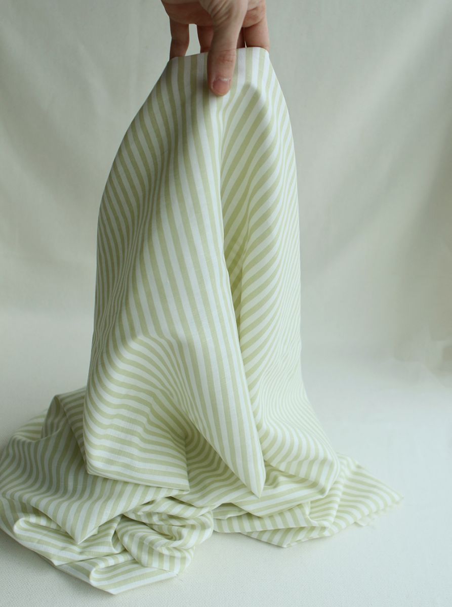 Lucas - Tissu lin coton rayures 6mm blanc lait et vert amande