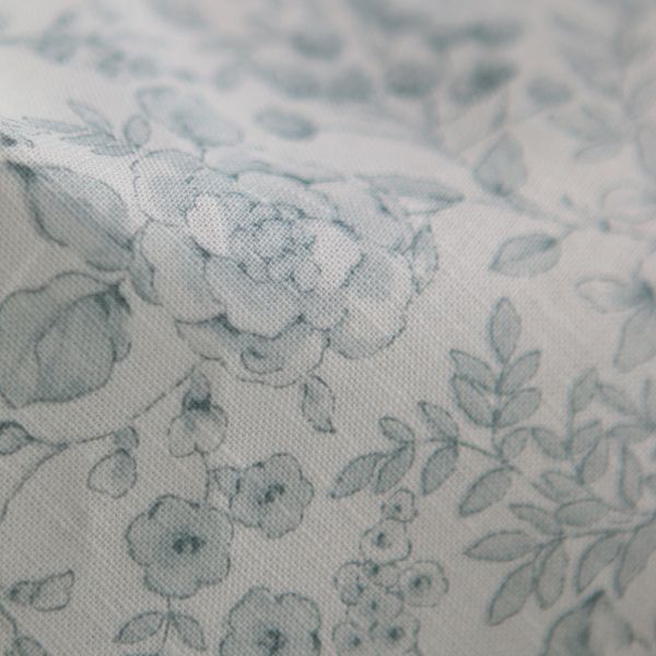 Apolline - Tissu lin coton roses effet toile de Jouy blanc lait et bleu brume 2