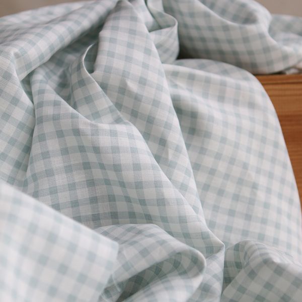 Victor - Tissu lin coton vichy 7mm blanc lait et bleu brume