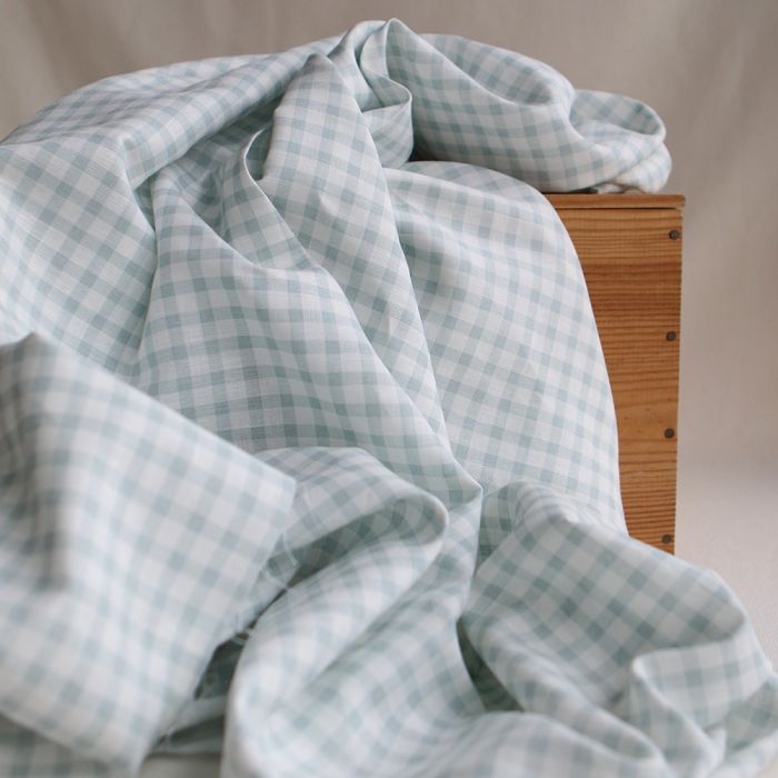 Victor - Tissu lin coton vichy 7mm blanc lait et bleu brume