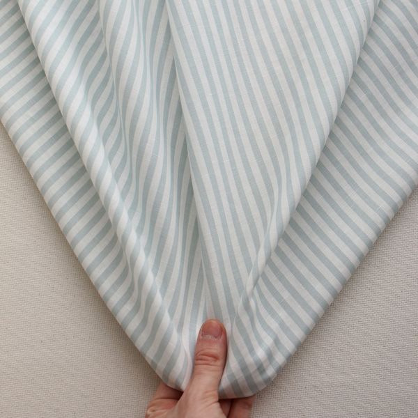 Lucas - Tissu lin coton rayures 6mm blanc lait et bleu brume 2